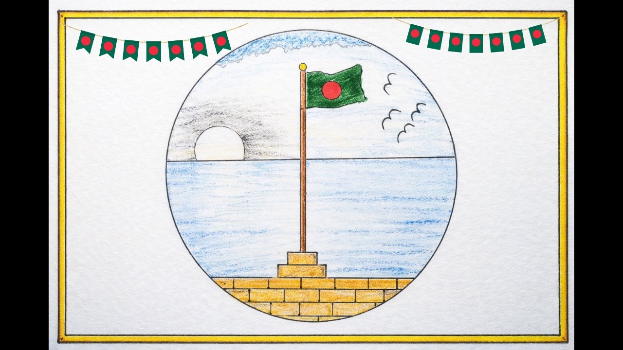 Easy Landscape Drawing with Bangladesh Flag | Step by Step for Beginners