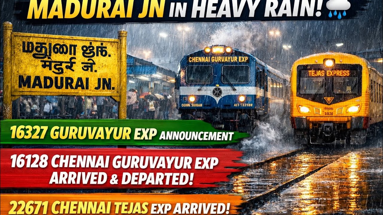 🌧️ Heavy Rain At MDU Jn 16327 Guruvayur Exp, 16128 Chennai Guruvayur Exp & 22671 Chennai Tejas Exp 