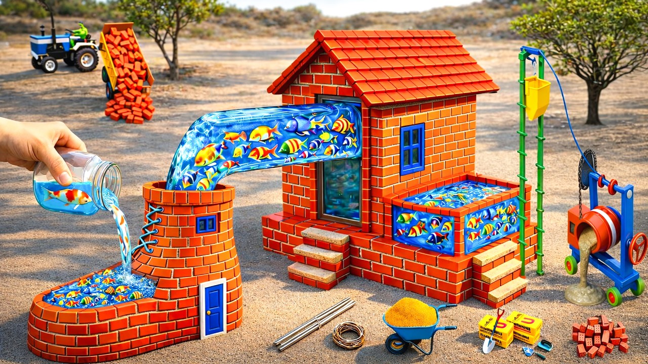 DIY Construction Science Project - Building a Mini Brick Fish House with Amazing Water Flow System