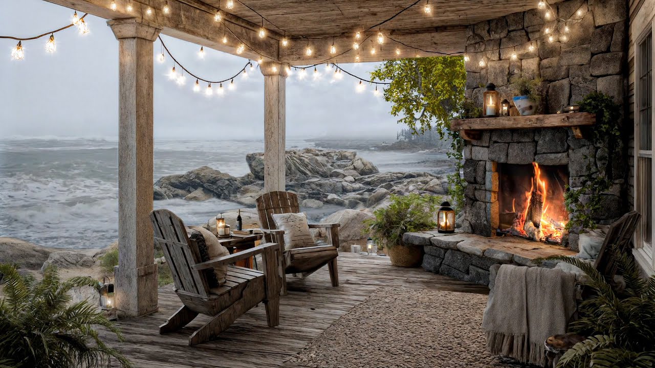 Misty Morning on a Beach Porch | Gentle Surf, Fire Sounds & Calm Atmosphere for Study & Relaxation