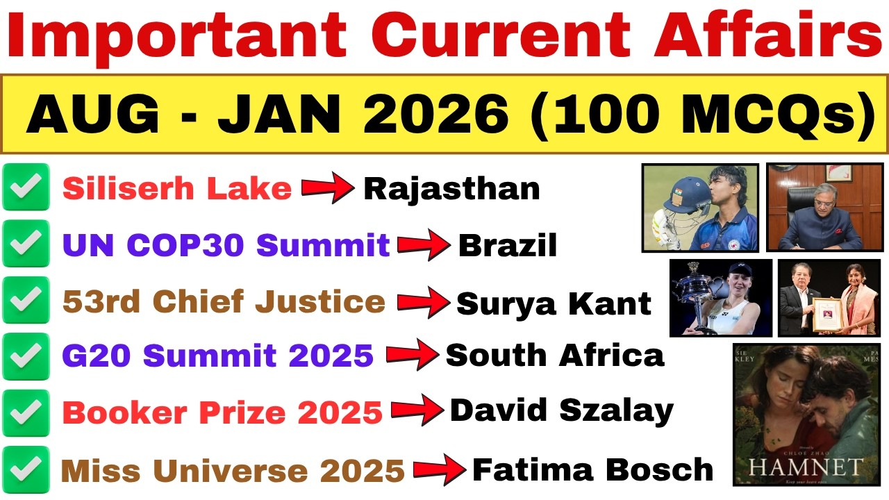 Top 100 Current Affairs MCQs | August to January 2026