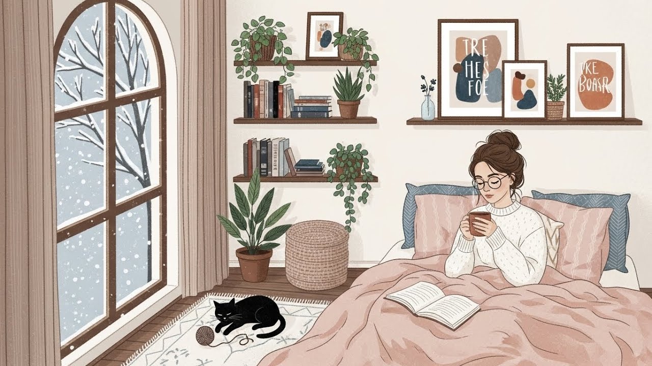 Cozy Winter Bedroom Lofi ❄️☕ | Reading in Bed, Soft Snow & Calm Chill Beats