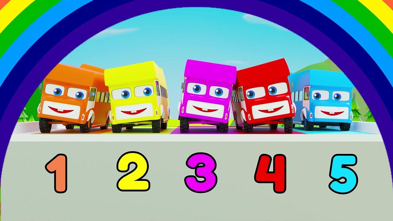 5 Little Buses Kids Song | Learn Counting | Rainbow Jungle theme | Pilli Go Rhymes and Kids Song