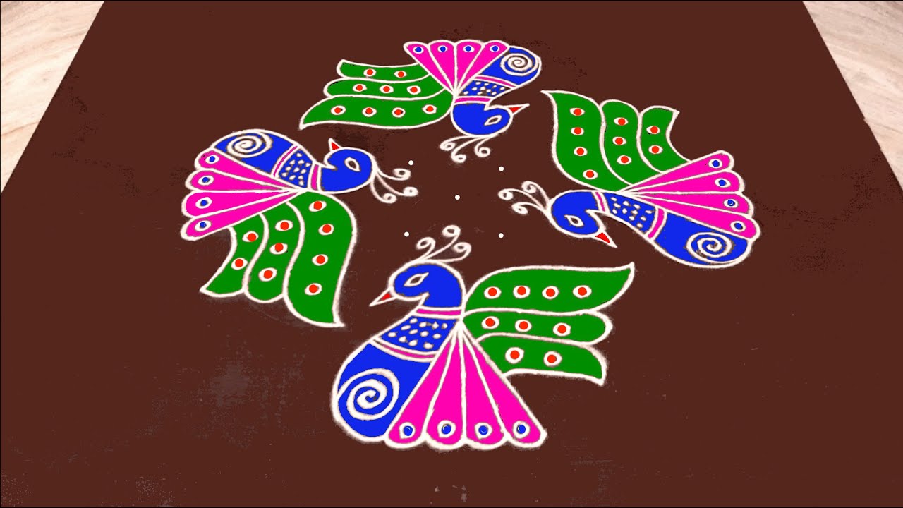 Peacock Rangoli with 11X1 dots | Cute kolam with dots | Mayil kolam | how to create peacock rangoli