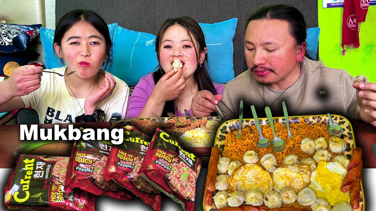 Spicy Current Noodles, MOMO, sausage and Mukbang with sister & Husband  आज धेरै प्रकारको खाइयो