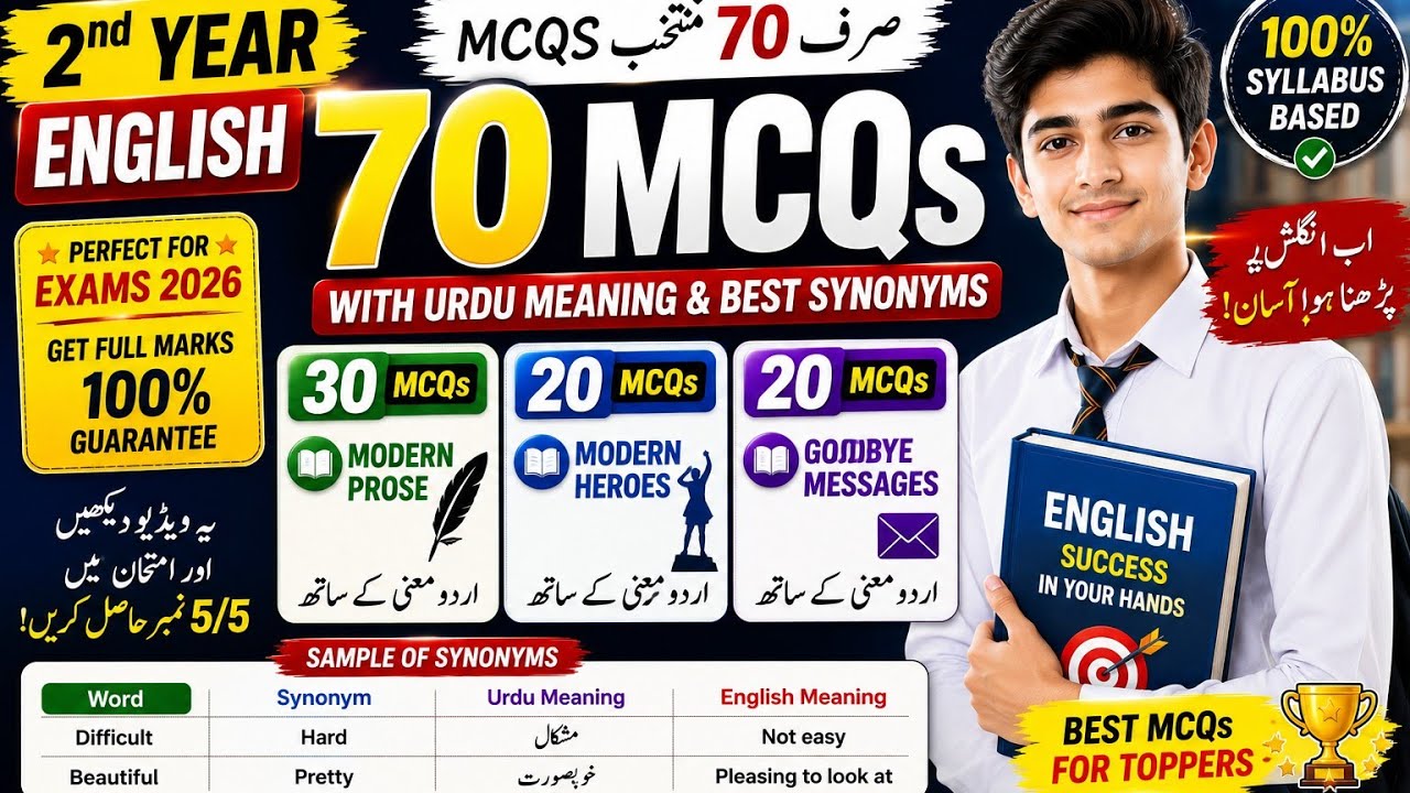 2nd Year English| 70 Most Important Synonyms| 30 Prose 20 Heroes 20 Novel Synonyms with Urdu Meaning