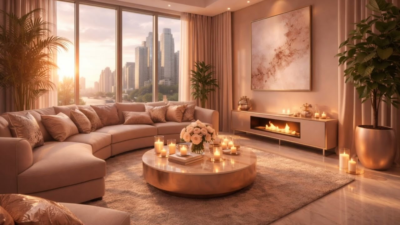 Luxury Fireplace Ambience 4K | Rose Gold Modern Living Room | 1 Hour