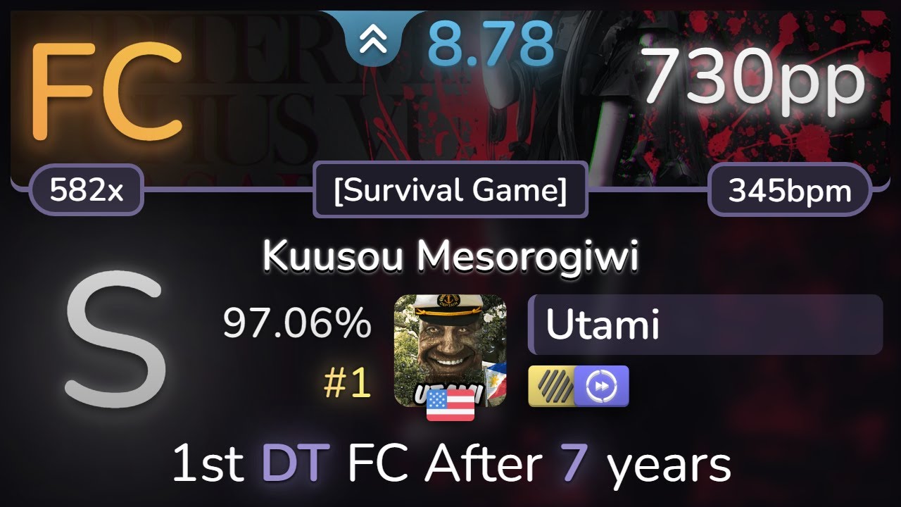 8.8⭐ Utami | NateWantsToBattle - Kuusou Mesorogiwi [Survival Game] +HDDT 97.06% (#1 730pp FC) - osu!