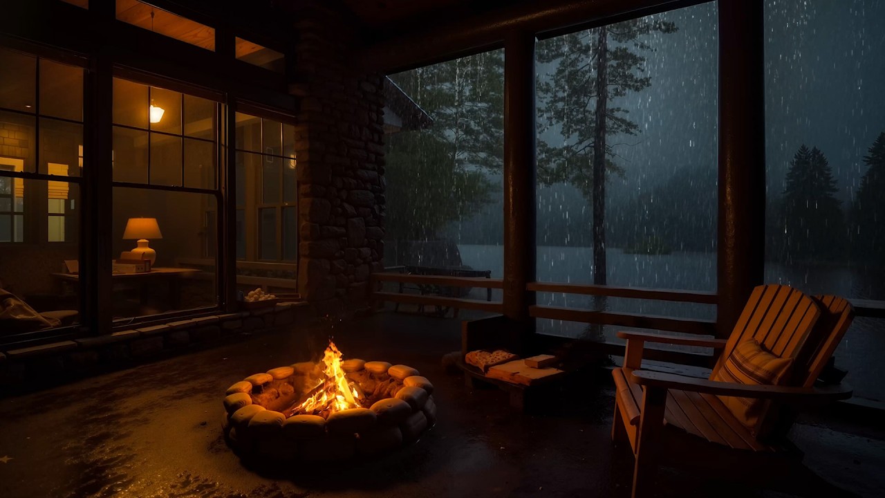 A Rainy Night by the Lake with a Warm Cabin Fireplace | Gentle Sounds for Sleep and Relaxation