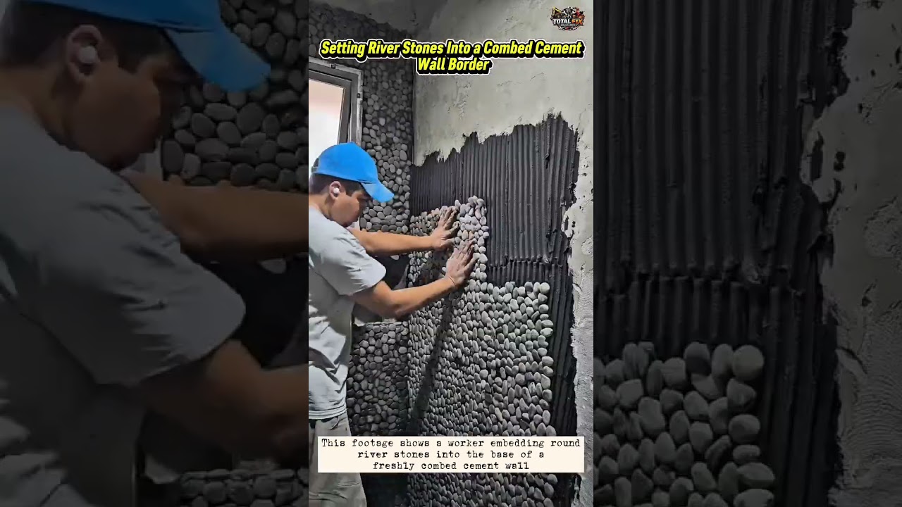 Setting River Stones Into a Combed Cement Wall Border