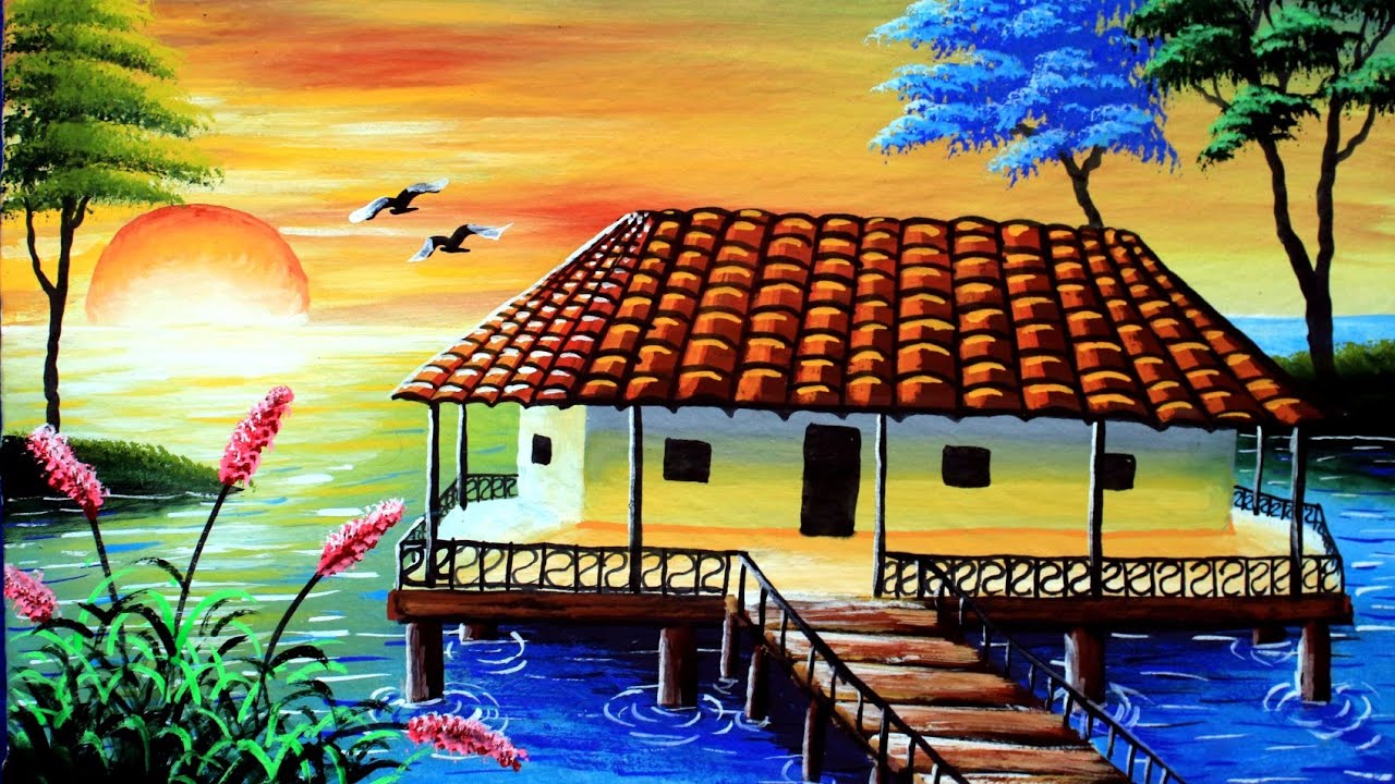 How to paint a beautiful house || Dream house scenery drawing and painting || painting in hindi