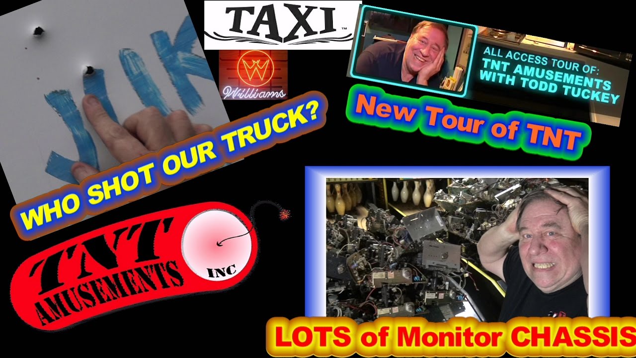 #1251 Williams TAXI Pinball Machine -Monitor Chassis a GO-GO! BULLET HOLES  in TNT Amusements Truck?