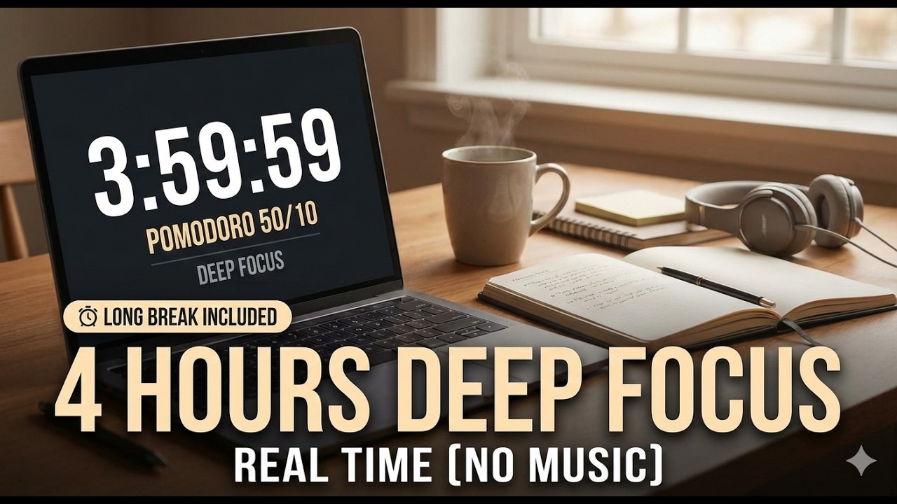 4 Hours Deep Focus Study With Me 📝 Pomodoro (50/10) • Real Time [No Music]