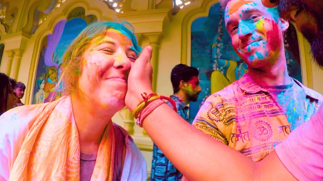 we played holi in vrindavan, india (our skin is still colored pink)