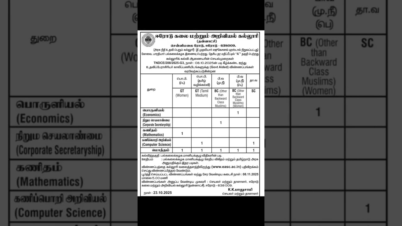 Erode Arts Science College Assistant Professor Job 2025 Tamil