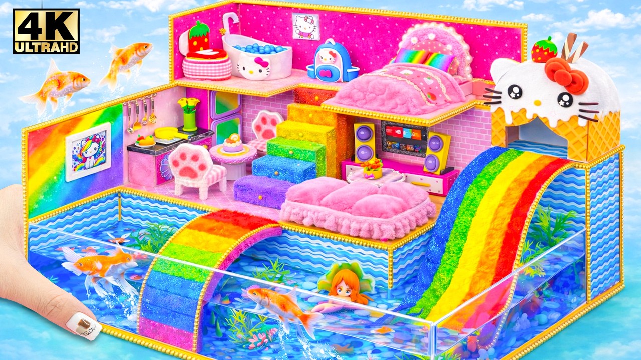 Make Hello Kitty Pink House with Rainbow Slide & Fish Aquarium Around for Pet ❤️ DIY Miniature House