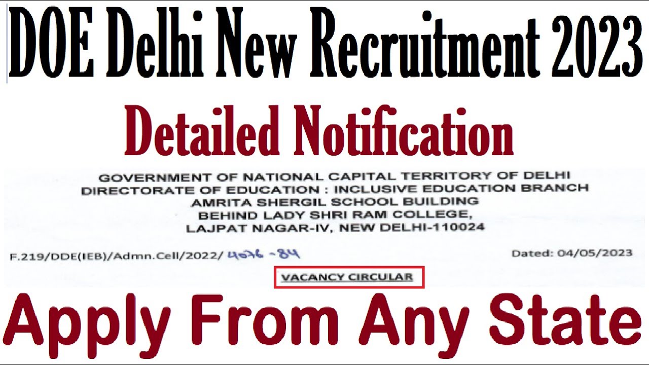 FOR B.Ed. Pass DOE DELHI NEW RECRUITMENT 2023, DETAILED NOTIFICATION, APPLY FROM ANY STATE