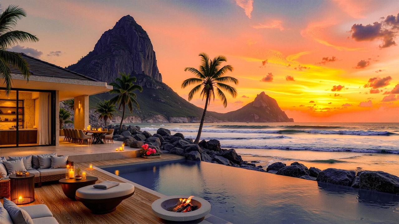 Jazz Instruments On A Warm Sunset Seaside Terrace - Sweet Jazz Background Music And Ocean Wave Sound