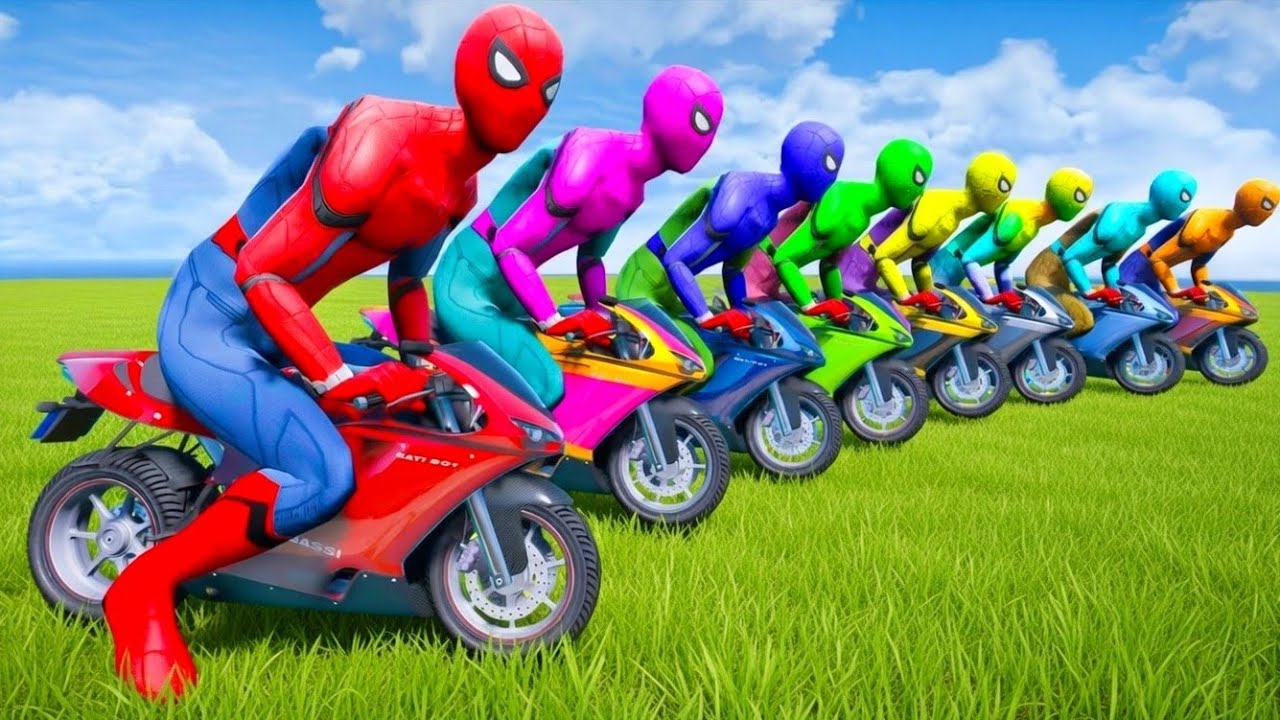 SPIDERMAN MOTORCYCLE ON WATER RAMP CHALLENGE - WATERSLIDE ON THE BEACH