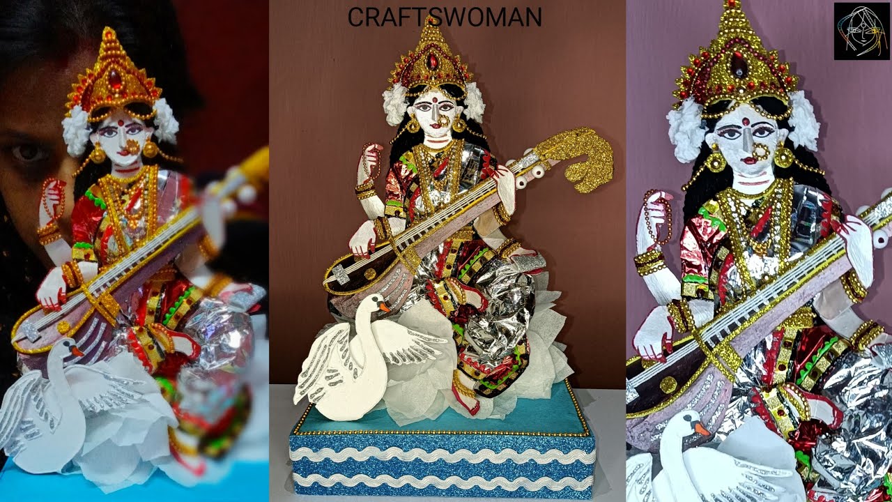 Making Of Saraswati Idol With Paper & Cardboard |Small Saraswati Murti Making With Paper|CRAFTSWOMAN