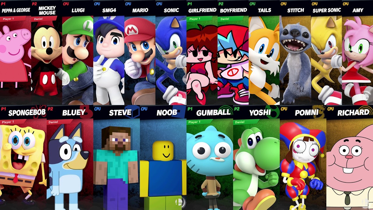 Sonic vs Mario vs Peppa vs Bluey vs SpongeBob vs Mickey vs Roblox vs Minecraft | Super Smash Bros