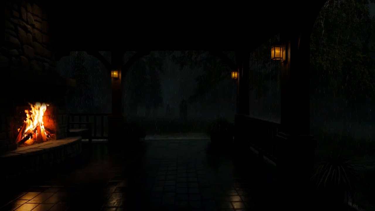 Big Porch Shelter from the Rain 🌧️ Crackling Fireplace | Peaceful Evening Mood