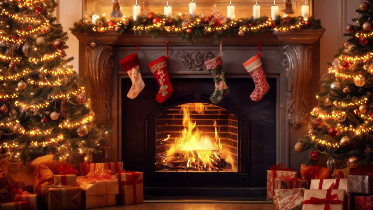 8‑hour looping fireplace video, featuring real crackling fire sounds and glow.