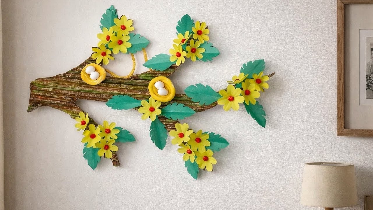 কাগজ দিয়ে ফুলের গাছ বানালাম, pepar flower wall hanging, wall decore idea 