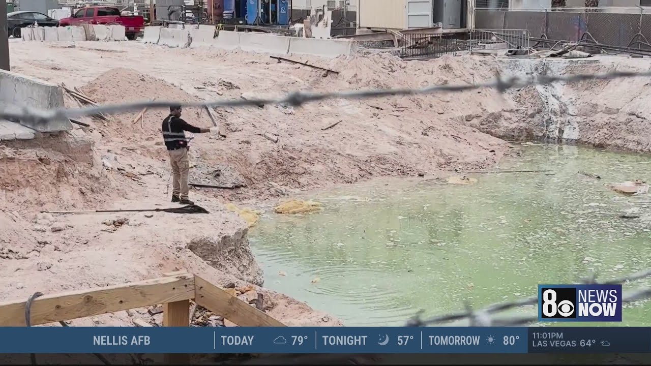 Vegas Loop site crews hide apparent pond, tell public not to look over fence near Las Vegas Strip