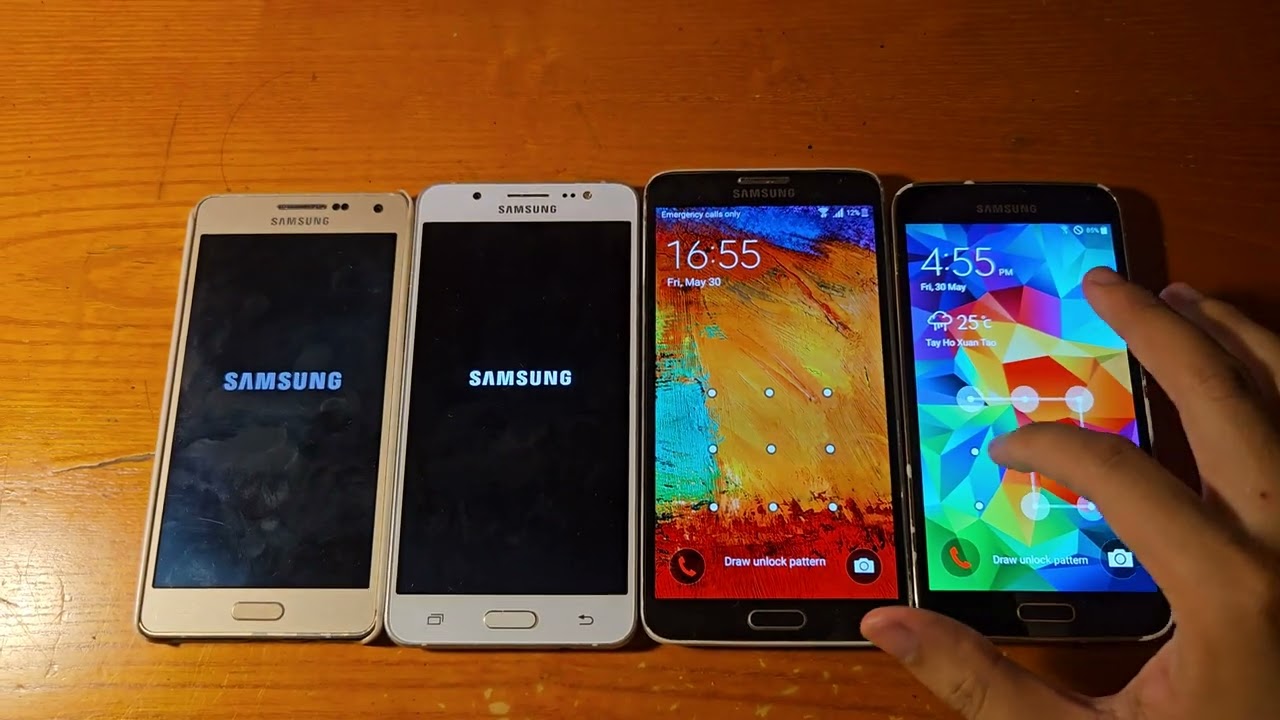 Samsung Galaxy A5 2015 vs J5 2016 vs Note3 Neo vs S5 startup & shutdown race!