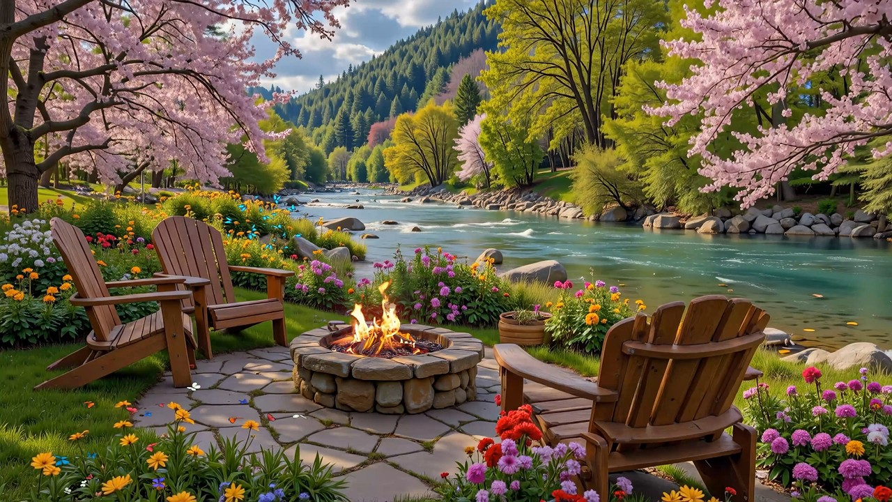 Relaxing Riverside Cabin with Spring Piano Music 🌺🌿 Flowing River, Campfire and Birdsong
