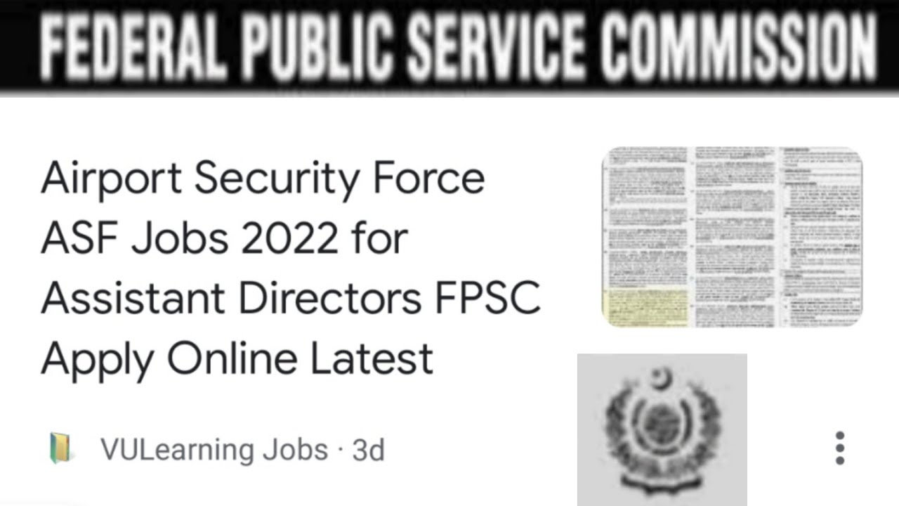 Airport Security Force ASF Jobs 2022 for Assistant Directors FPSC Apply Online Latest