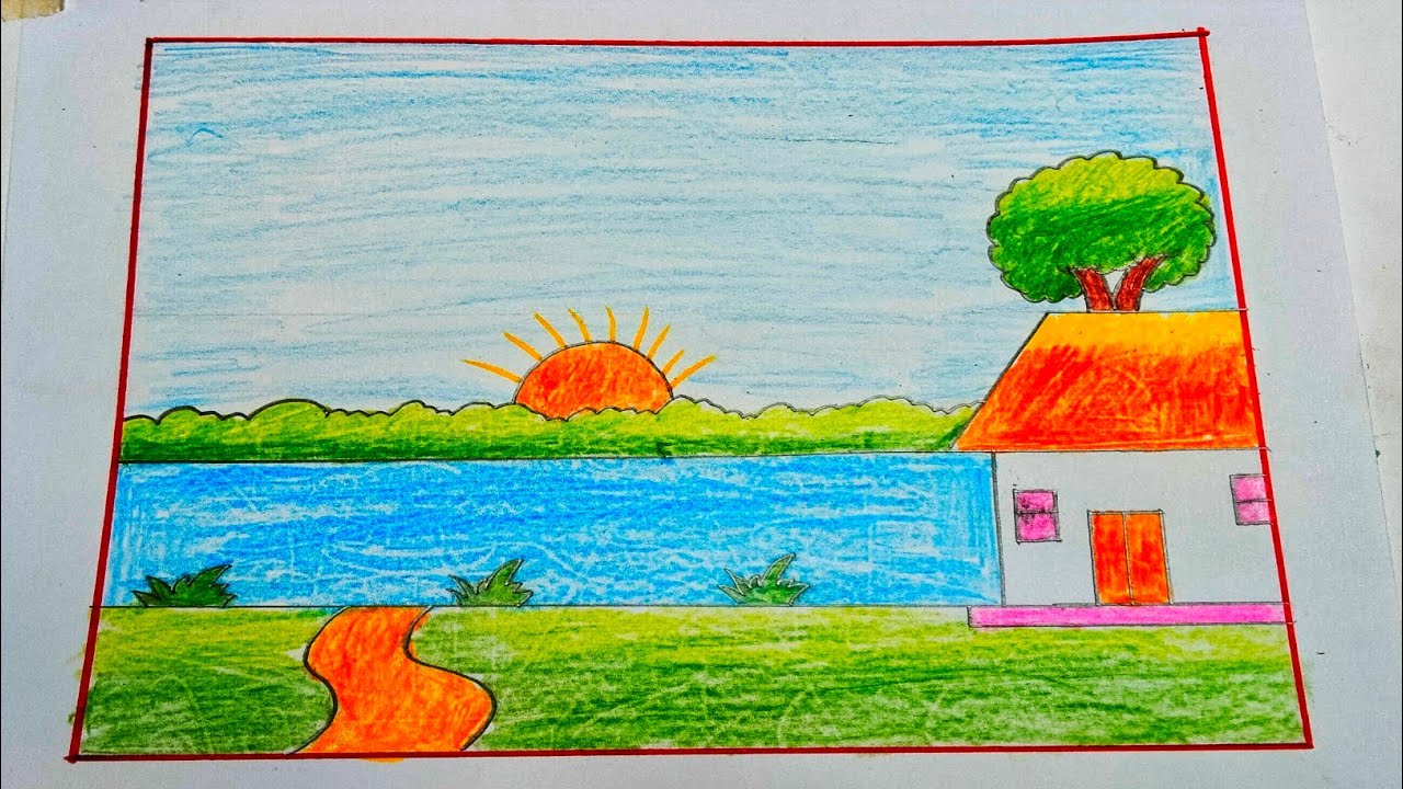 Beautiful Sunset Village Scenery Drawing 🌅 | Easy Color Pencil Landscape for Beginners 