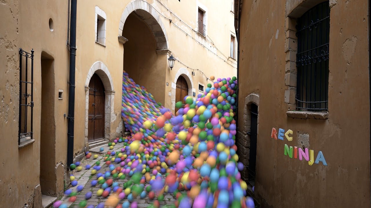 Balls flooding the old city, blender animation, rigid body simulation,  camera mapping, RBDLab addon