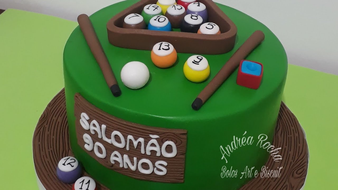 Bolo Sinuca Decorado com Pasta Americana - Bolo de Aniversário 90 anos tema Sinuca