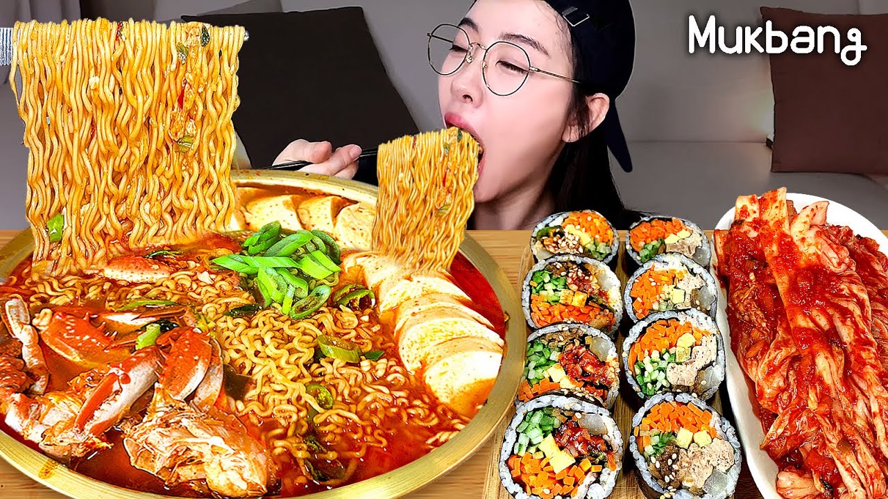 꽃게 넣고 끓인 얼큰~한 순두부 라면에 김밥&김치 조합 어떤데~~!!❤️(진미채,참치김밥)ㅣ라면먹방 spicy ramen,Kimbap,Kimchi ASMR Real Mukbang