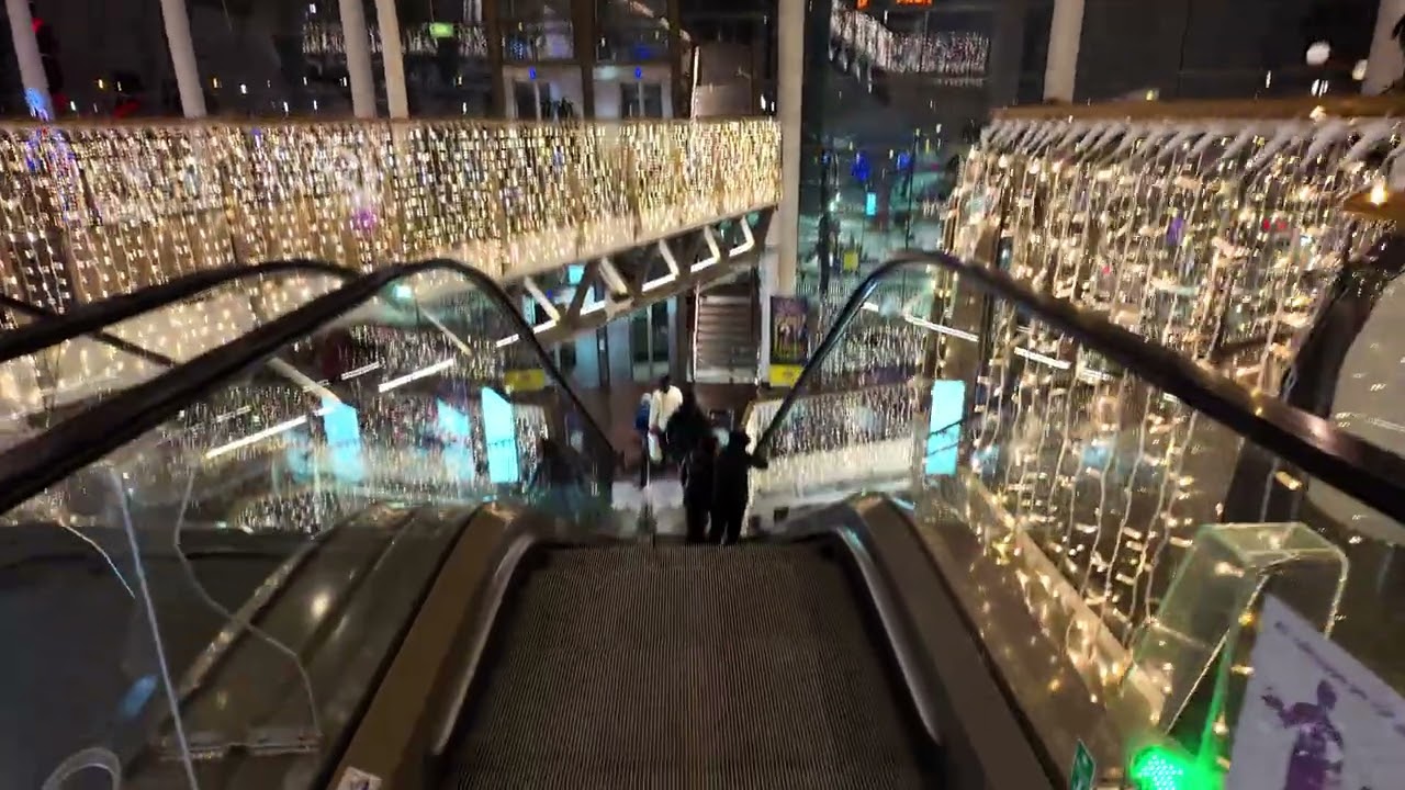 Sweden, Stockholm, Heron City, 3X escalator @ night