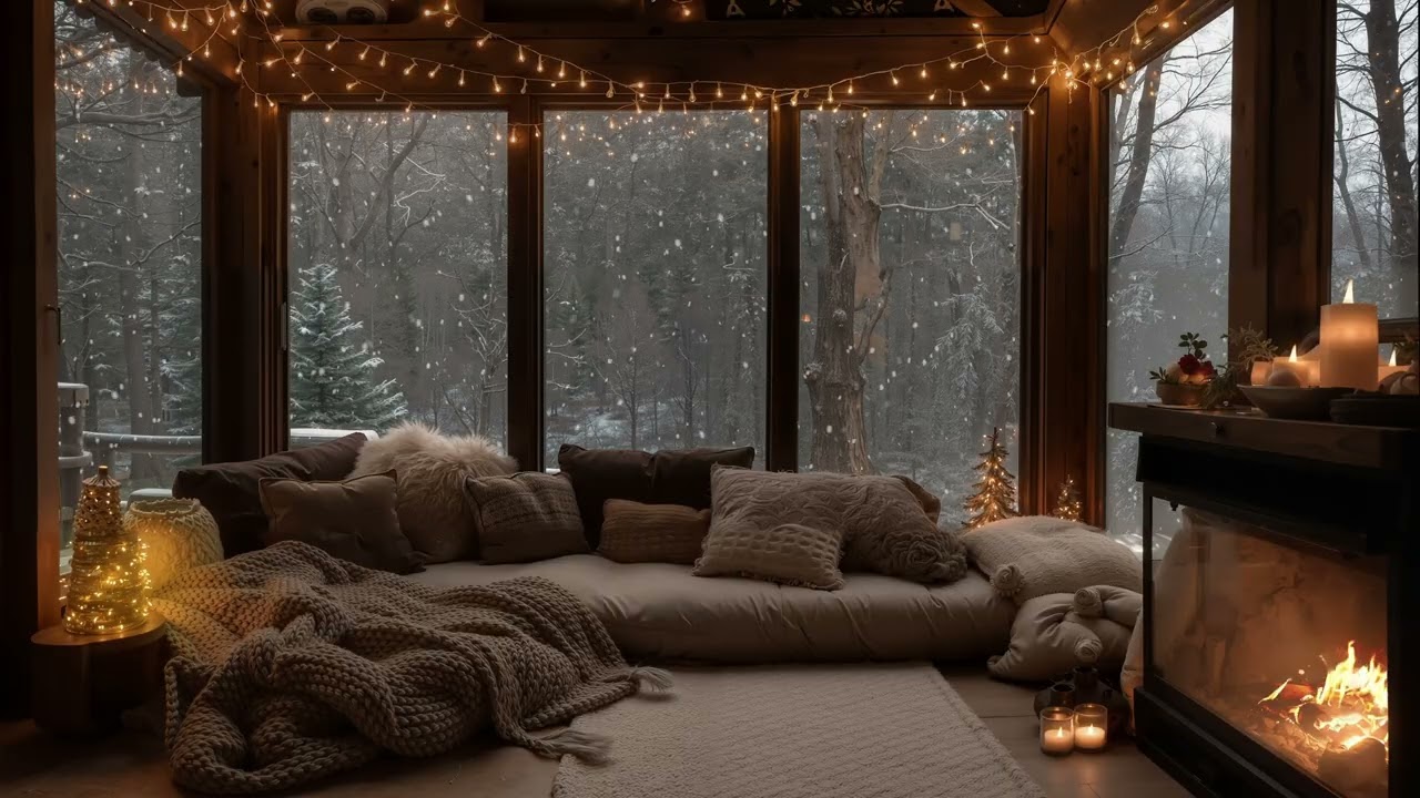 Tranquil Cozy Cabin in Winter  ❄️Relaxing Piano, Fireplace & Snowfall for Work