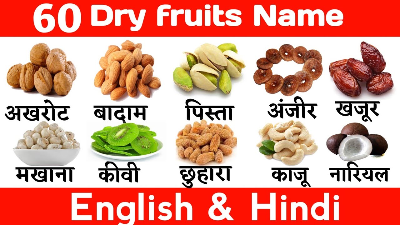 60 Dry fruits Name in English & Hindi | Dry Fruits |  ड्राई फ्रूट्स के नाम | सूखे मेवों के नाम