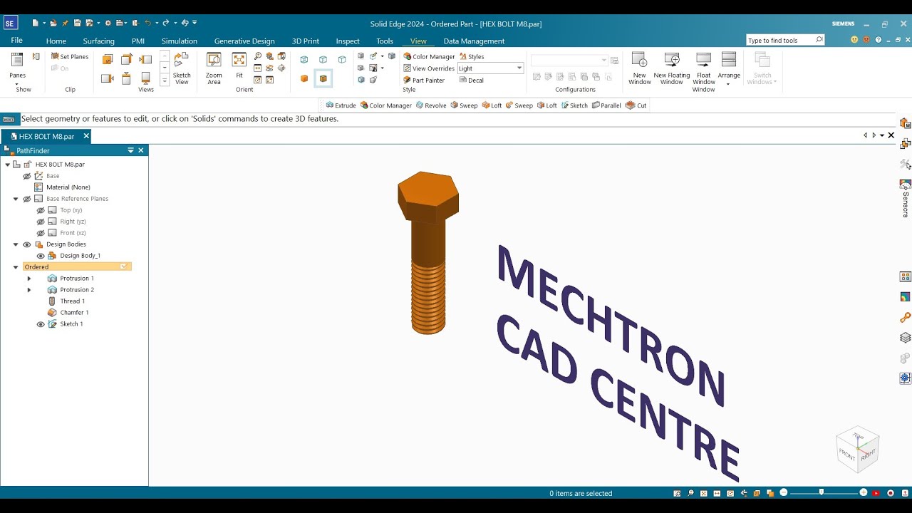 Solid Edge 2024 - How to Create Cosmetic Threads | Physical Threads in 3D Part Hexagonal Bolt.