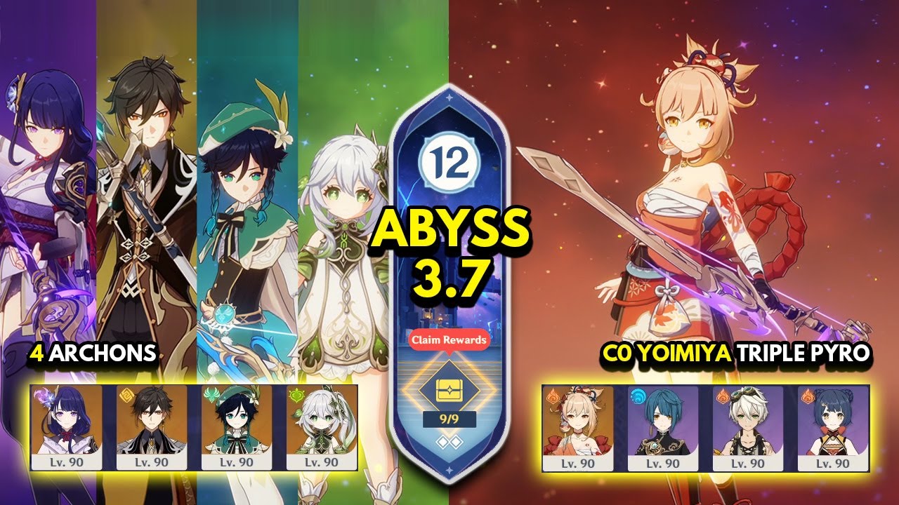 4 Archons & C0 Yoimiya Triple Pyro | Spiral Abyss 3.7 Floor 12 9 Stars | Genshin Impact 3.7
