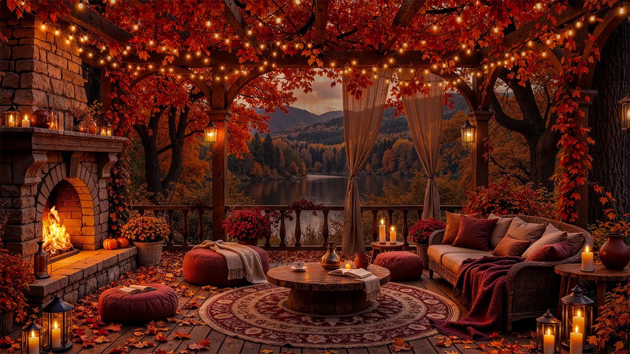 Cozy Autumn Lake Porch | Warm Fireplace Jazz & Nature's Embrace for Peaceful Moments