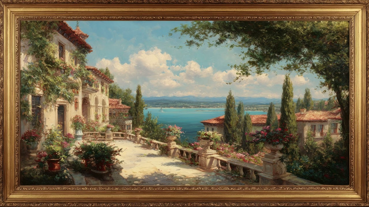 Mediterranean Coastal Villa Painting in Gold Frame | Luxury TV Art Screensaver | Calm 4K TV Wall