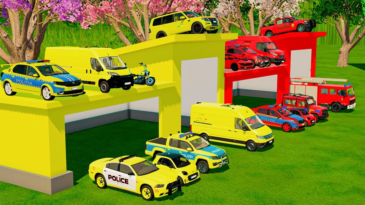 TRANSPORTING CARS, AMBULANCE, POLICE CARS, FIRE TRUCK OF COLORS! WITH TRUCKS! - FS 22