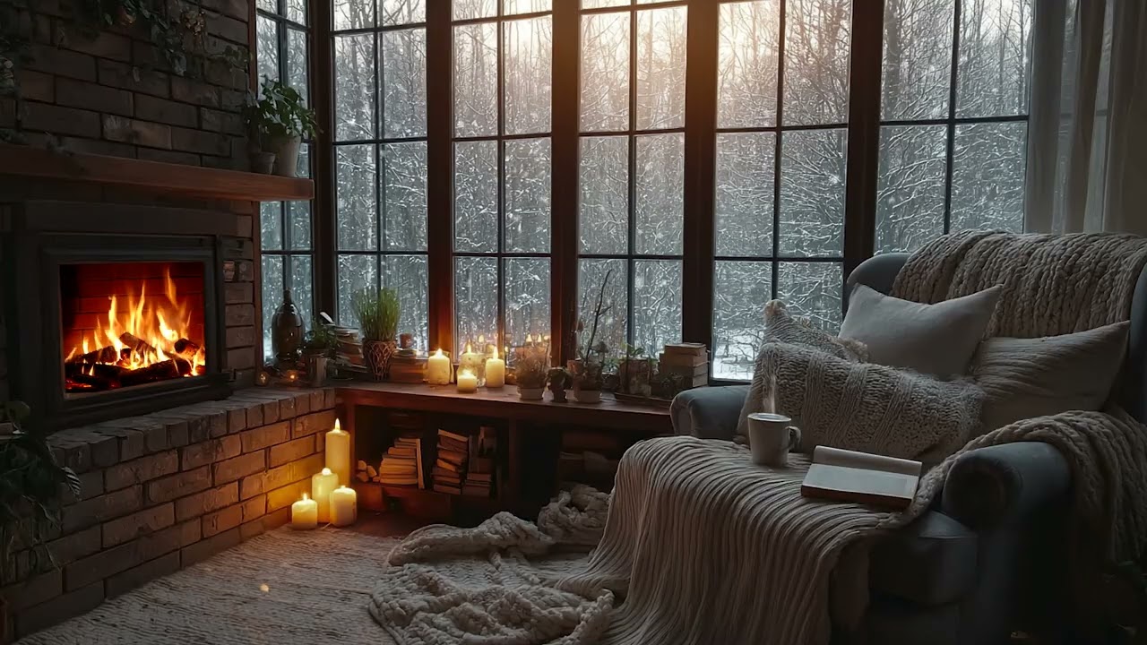 Quiet Winter Night by the Fire | Gentle Fireplace Crackles & Snowfall