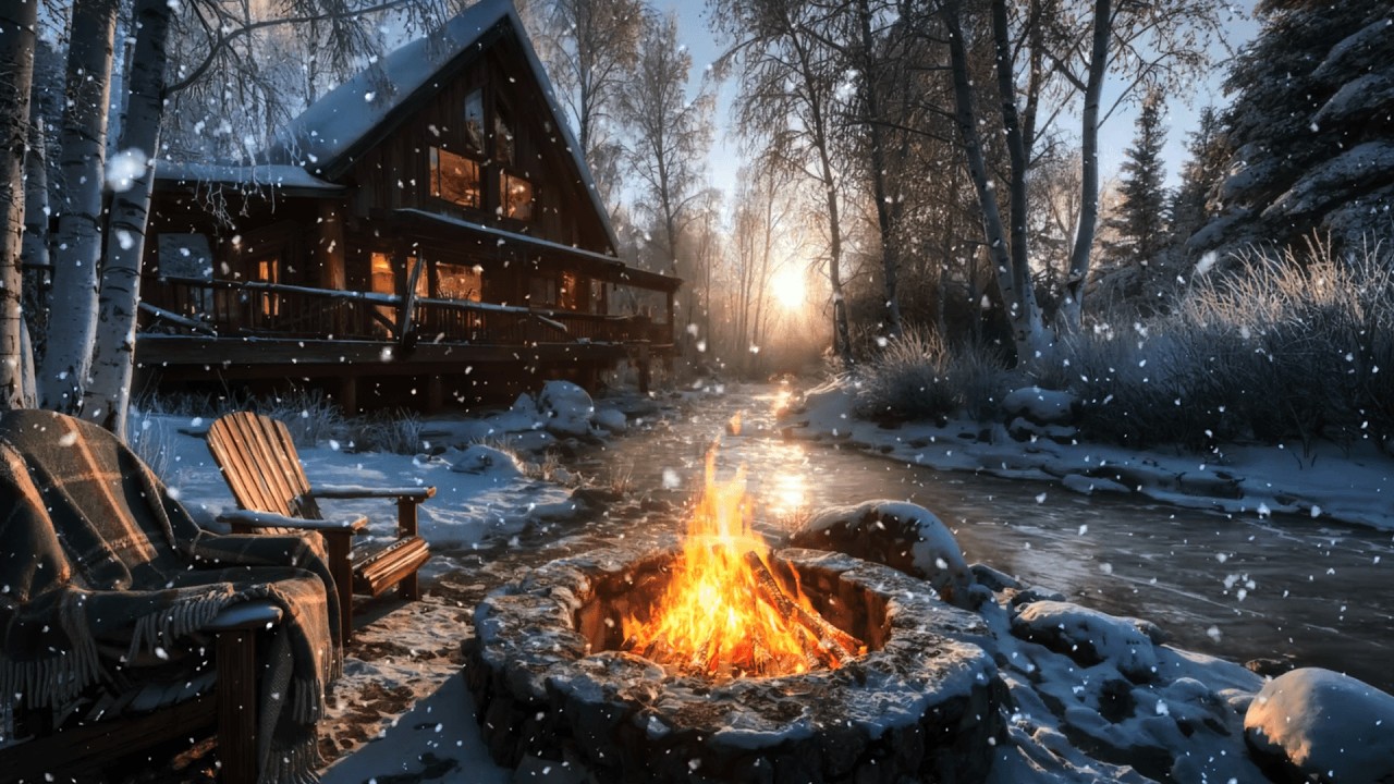 Cozy Winter Riverside Cabin Firepit Ambience: Snowy Morning Nature Sounds for Sleep, Stress Relief