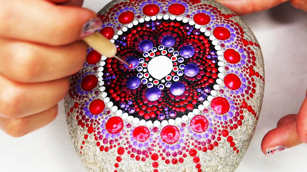 Time Lapse Mandala Rock Painting in Red and Purple dots for Beginners