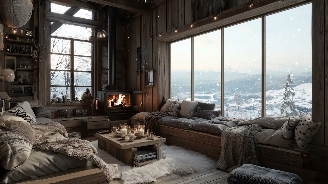 Peaceful Snowy Indoors | Soft Piano Music & Warm Fireplace Sounds for Deep Sleep