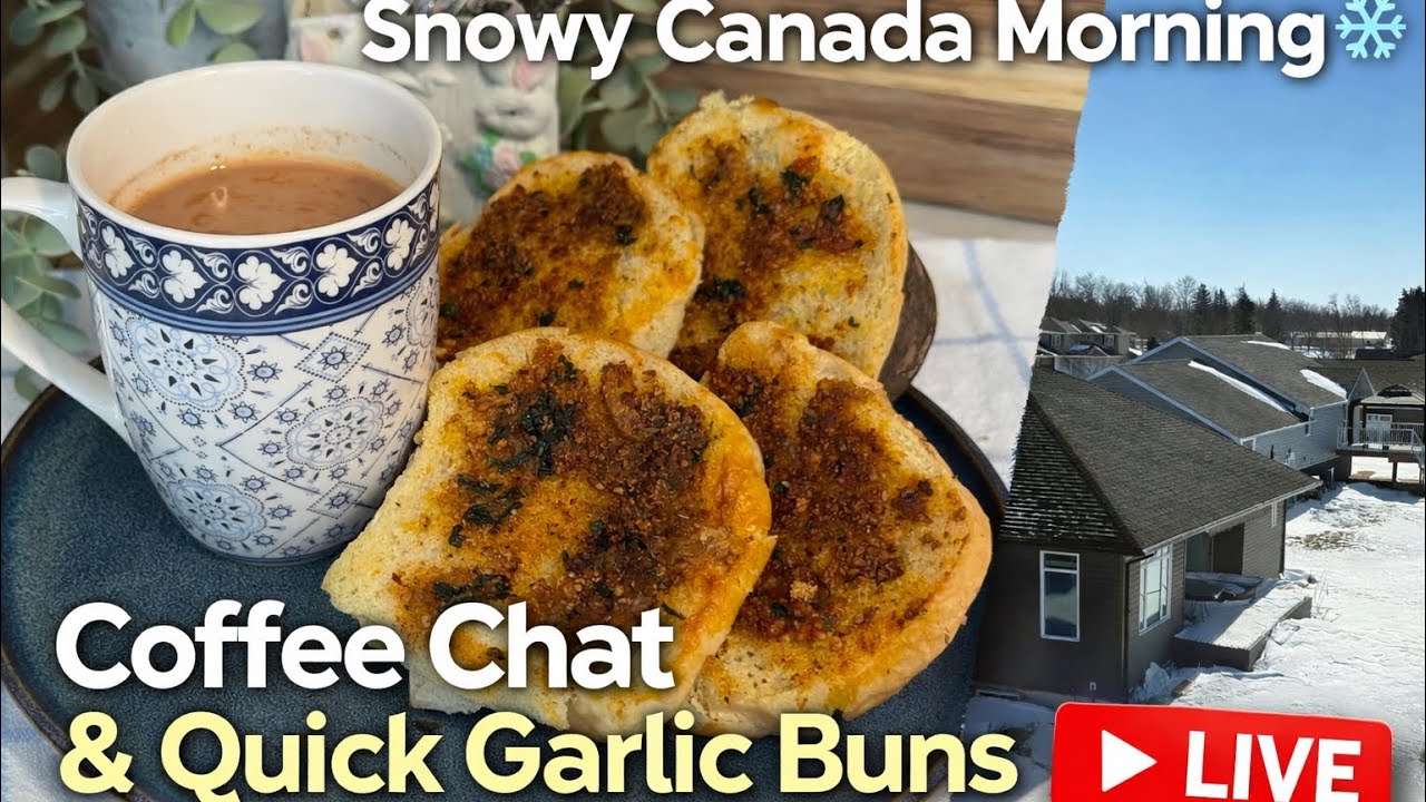 Morning coffee ☕ with quick & Instant garlic buns & a snowy window view Canadian ❄️ Cozy chat 🇨🇦