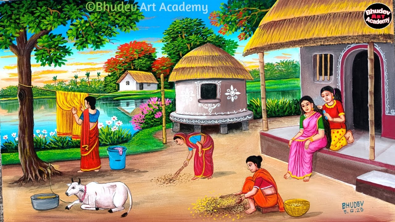 Beautiful Village Landscape Scenery Painting| Indian Village Scenery Painting With EarthWatercolor